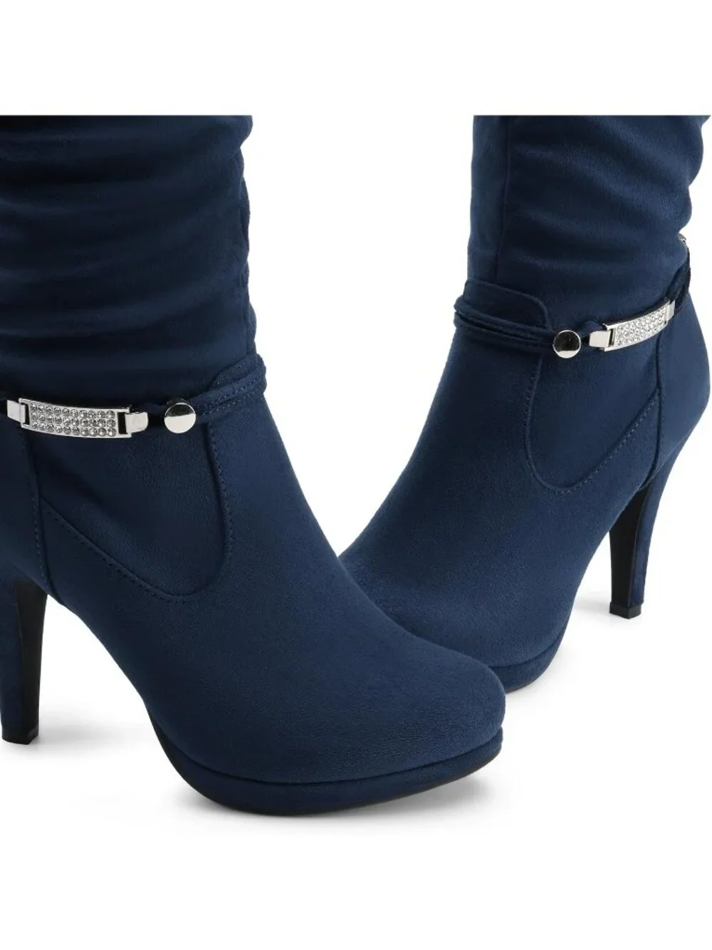 Women's Navy Suede Stiletto Heel Rhinestone Chain Side Zipper Knee High Boots